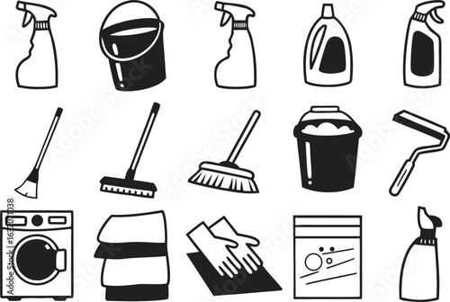 Collection of cleaning supplies and tools for household chores