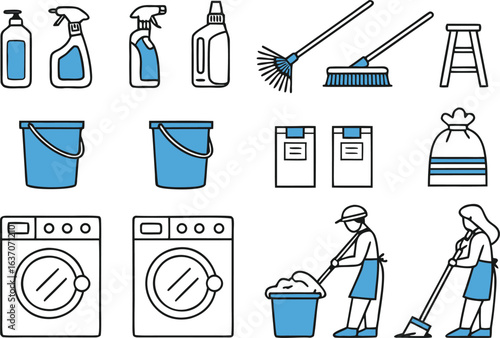 Collection of cleaning supplies and tools for household chores