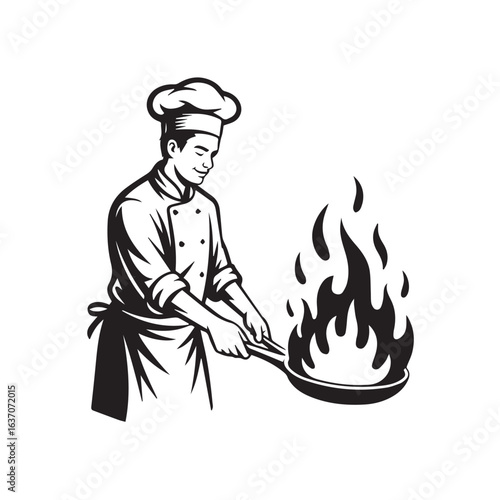 chef in kitchen holding frying pan with high flame cooking technique vector art