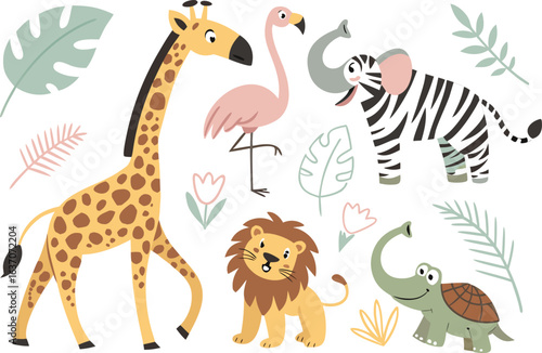 Cute cartoon safari animals and tropical leaves illustration