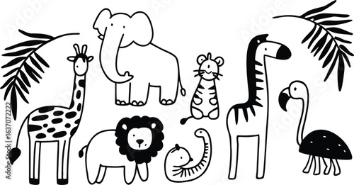 Cute hand drawn safari animals and tropical leaves