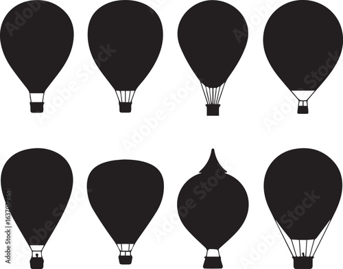 eight hot air balloon silhouettes vector set with varied basket and rope designs for travel and adventure graphics