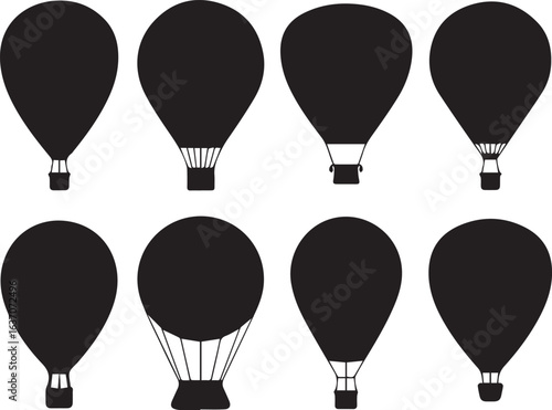 hot air balloon silhouette collection in vector format showcasing diverse basket shapes and rope connections