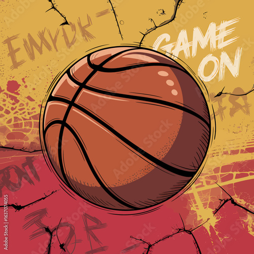 Basketball Graphic with Game On Text and Urban Style Background Illustration for Sports Promotion