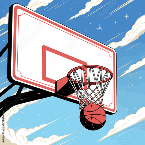 Basketball hoop with ball against a dreamy sky artistic digital illustration sports equipment for recreational activities and outdoor games