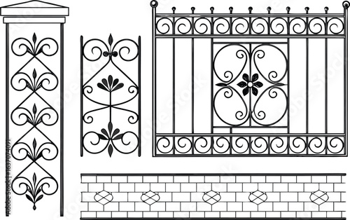 Wrought iron fence and gate designs with decorative elements