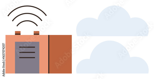 Abstract building with wireless signal emitting from rooftop and two light blue clouds. Ideal for technology, Internet of Things, smart cities, cloud storage, wireless networking, urbanization