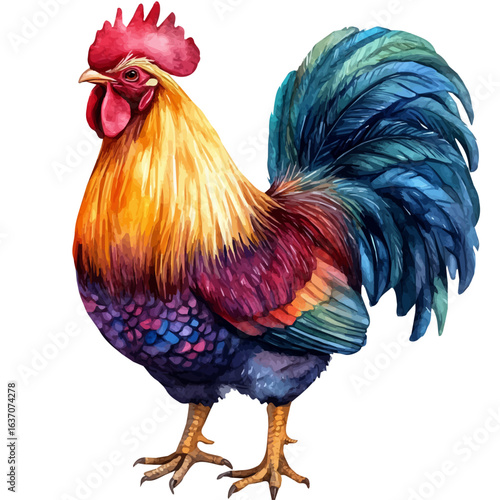 Chicken Wild Type A Junglefowl, watercolor painting vector, isolated on a white background.