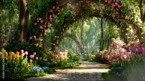 Wallpaper Mural Enchanted Garden Path: A vibrant, romantic path, adorned with a canopy of blooming flowers, beckons the viewer into a serene woodland setting, bursting with life and the allure of nature's artistry. Torontodigital.ca