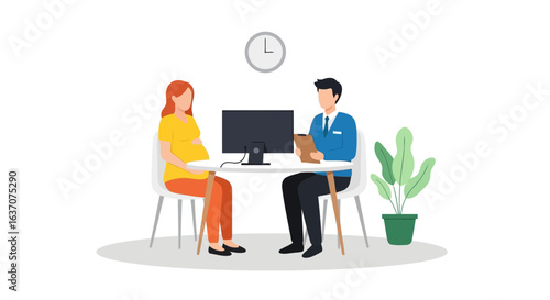 Vector art of pregnant woman having a medical consultation with a doctor in an office, isolated on white background