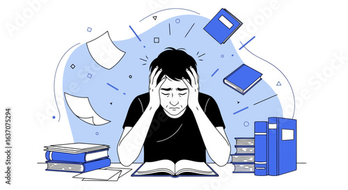 Vector art of stressed student overwhelmed with studying, books and papers flying around, symbolizing academic pressure and anxiety