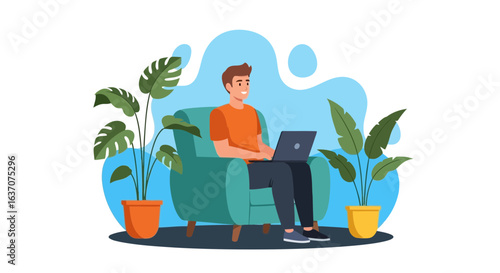 Vector art of young man working on a laptop while sitting comfortably in a plush armchair, surrounded by lush green potted plants, symbolizing remote work and modern lifestyle