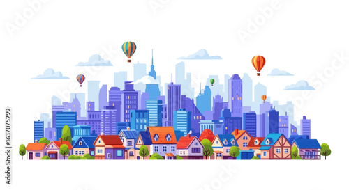 Vector art of vibrant cityscape with a mix of modern skyscrapers and traditional houses, featuring hot air balloons floating in the sky, isolated on white background