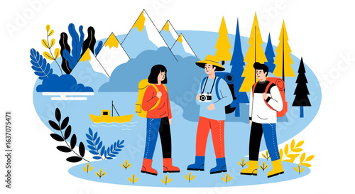 Vector art of group of hikers with backpacks and cameras exploring a scenic mountain landscape with a lake and forest, enjoying outdoor adventure and travel