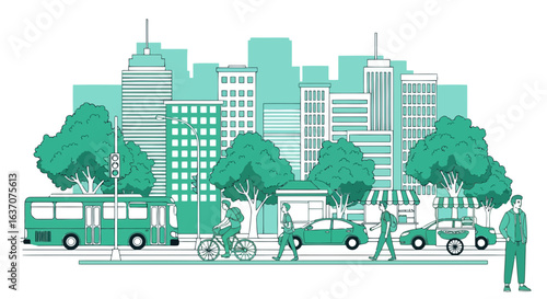 Vector art of urban cityscape with diverse transportation including cars, bus, and bicycle, alongside pedestrians and green trees, representing modern city life and sustainable commuting