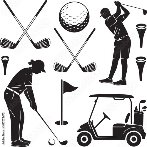 golf vector icons set with crossed clubs golfer silhouettes ball tee flag and golf cart for logo badge print and web use