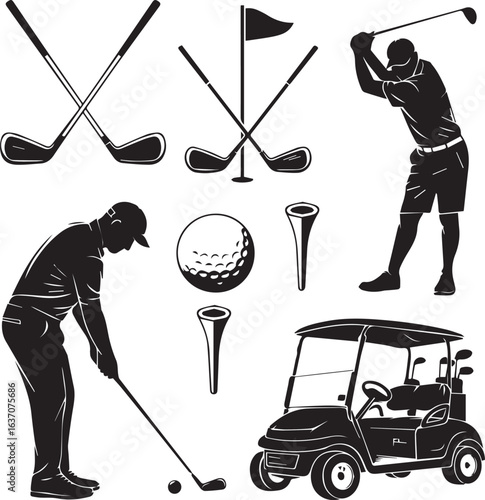 golf equipment and player silhouettes collection with crossed clubs ball tee hole flagstick and golf cart vector set hd