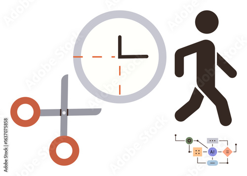 Scissors cutting into a clock symbolizing time management, a walking person representing tasks or progress, and an automation workflow with AI components. Ideal for productivity, time tracking