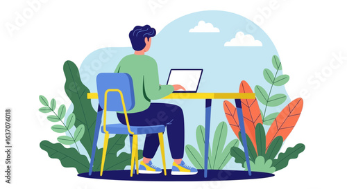 Vector art of man sitting at a desk working on a laptop computer surrounded by plants and foliage, illustration of remote work or study