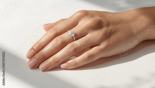 Wallpaper Mural Close-up of a woman's hand wearing a diamond engagement ring on the ring finger, against a white background. Torontodigital.ca