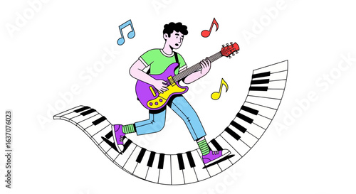 Vector art of young man playing electric guitar on a curved piano keyboard with musical notes floating around, isolated on white background