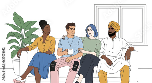 Vector art of diverse group of friends sitting together on a couch, enjoying each others company in a relaxed indoor setting, representing friendship and community