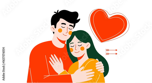 Vector art of loving couple embracing with eyes closed and a red heart symbol above them, isolated on white background