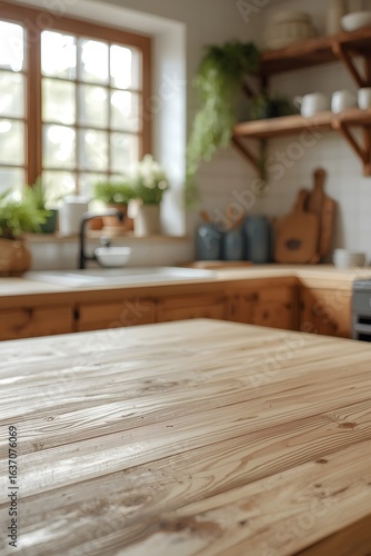 Empty wooden table surface in front of blurred cozy kitchen interior with natural light through window, rustic shelves, and plants, perfect for product display or food presentation backgrounds

