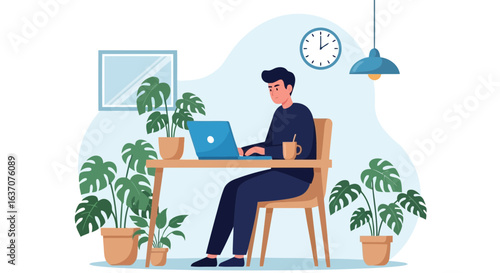 Vector art of man working on a laptop at a desk in a home office surrounded by plants, with a clock and lamp indicating a typical workday