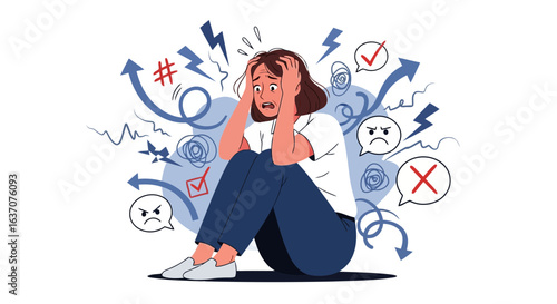 Vector art of woman experiencing severe stress and anxiety, overwhelmed by negative thoughts and emotions, isolated on white background