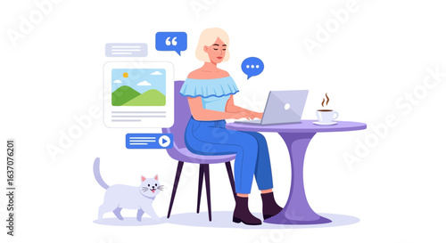 Vector art of young woman working on a laptop at a cafe table with a cat nearby, enjoying coffee and communicating online, isolated on white background