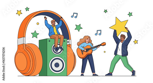 Vector art of a group of friends enjoying music together, with one playing guitar, another sitting on a speaker, and the third holding a star, isolated on white background