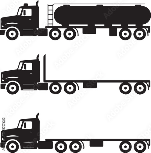 transport industry vehicles side profile tanker truck flatbed truck and sleeper cab semi tractor trailer vector