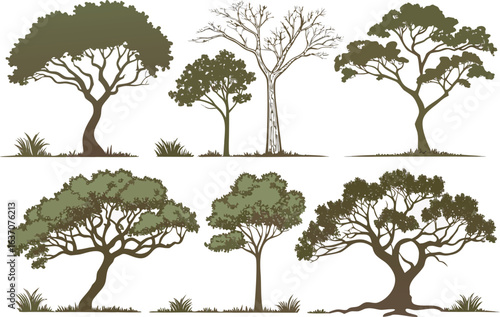 Collection of diverse silhouette trees and grass elements