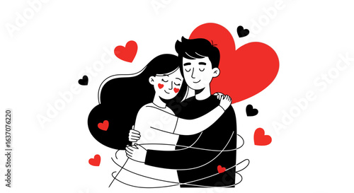 Vector art of a loving couple embracing each other tightly, surrounded by red hearts, symbolizing deep affection and romantic connection, isolated on white background