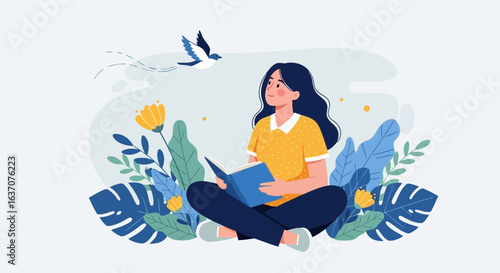 Vector art of young woman sitting crosslegged in lotus position reading a book surrounded by nature with a bird flying overhead, peaceful and relaxing scene