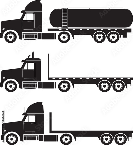 set of heavy duty trucks side profile detailed vector tanker fuel truck flatbed haul and sleeper cab semi