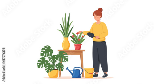 Vector art of young woman watering houseplants in pots, isolated on white background