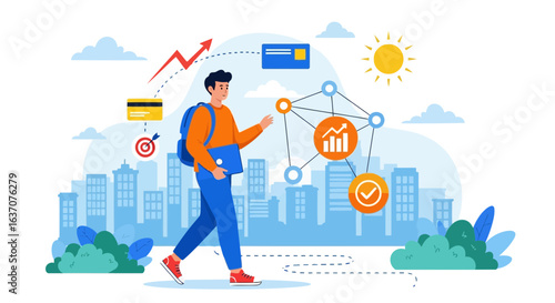 Vector art of young man with backpack walking in city, symbolizing business growth, financial planning, and career development with icons representing success and progress