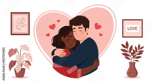 Vector art of a loving couple embracing in a heartwarming illustration perfect for valentines day or expressing affection and togetherness