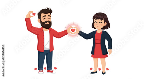 Vector art of a happy couple sharing love and affection with hearts floating around them in a cartoon vector illustration