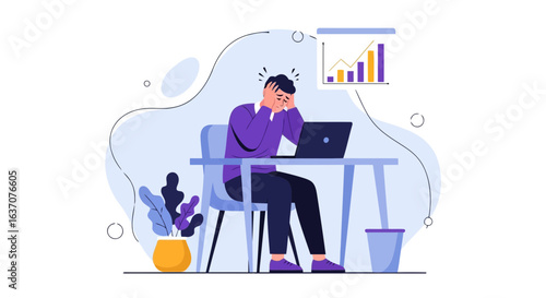 Vector art of a stressed businessman sits at his desk with a failed business report displayed on his computer screen