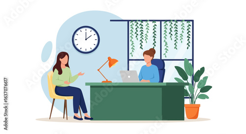 Vector art of a job interview is taking place in a modern office with a candidate and a human resources manager