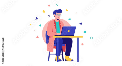 Vector art of man working on laptop at desk in modern office illustration for business or education purposes