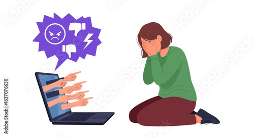 Vector art of a sad woman is getting cyberbullied online with mean comments and negative feedback from anonymous trolls