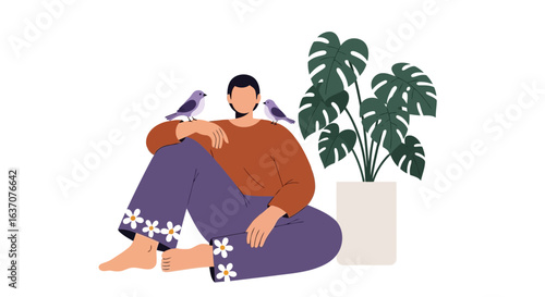 Vector art of a woman sits on the floor with birds and a monstera plant next to her in a relaxed and cozy home environment