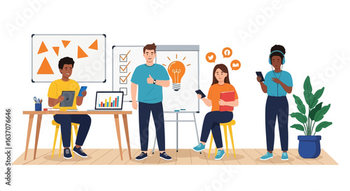 Vector art of diverse team collaborating on a new business strategy in a modern office environment to achieve success