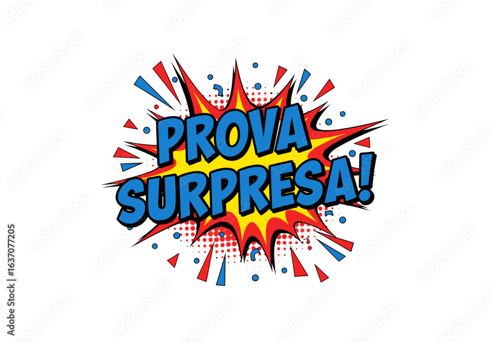 Prova Surpresa! Texto em estilo de quadrinhos para exames escolares. Ilustração vetorial de explosão de desenho animado para educação, teste e avaliação.