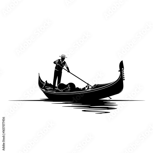 A gondolier propels a venetian gondola across the water with a pole in a graphic silhouette style