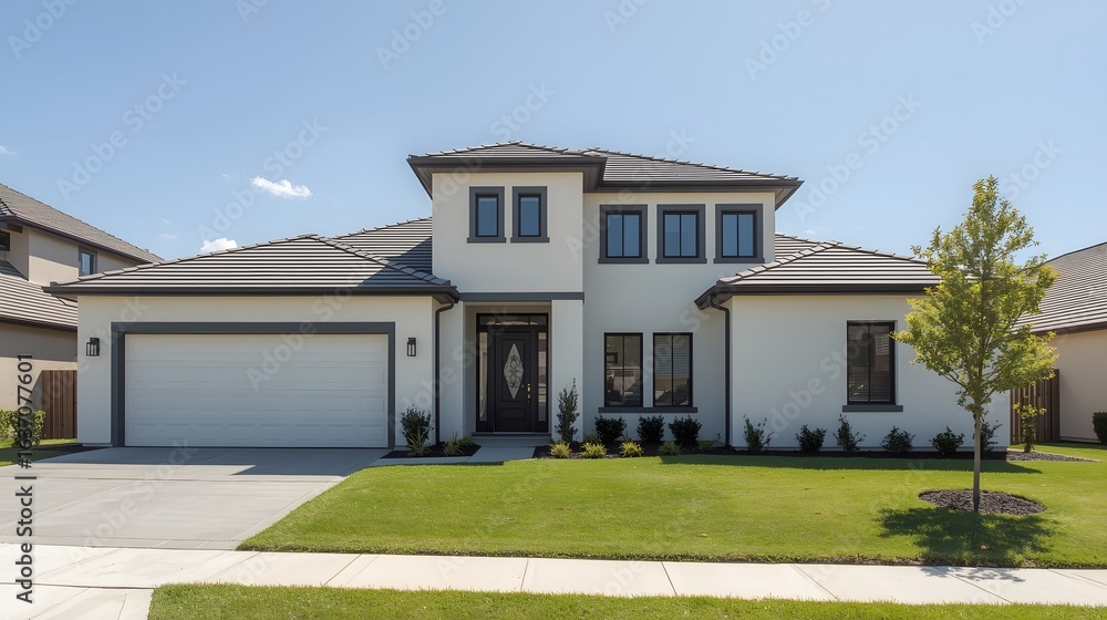 Fototapeta premium Modern two-story suburban house with clean architectural design, white exterior walls, black-framed windows, green lawn, and spacious driveway under clear blue sky